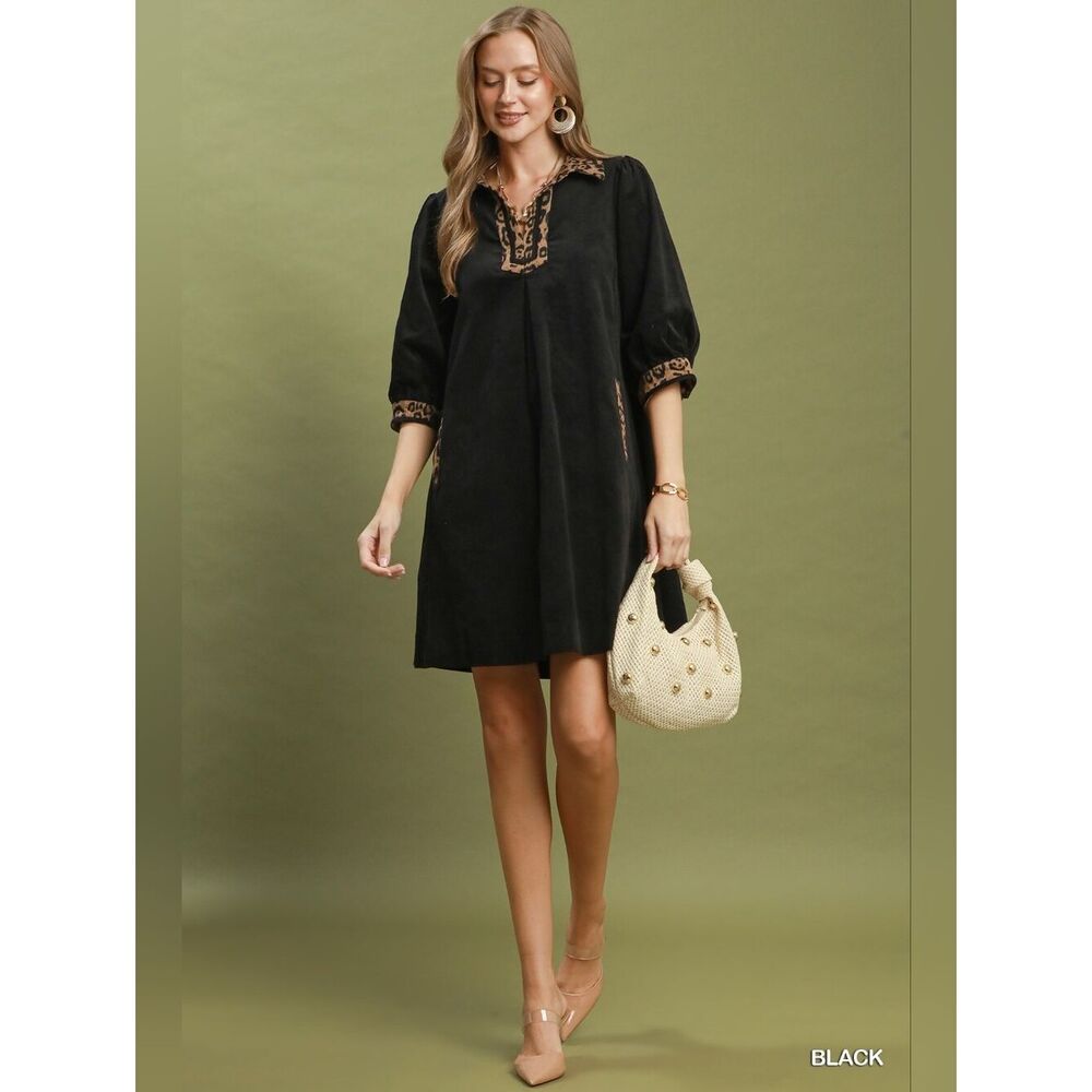 Umgee V-Neck Shift Dress with Contrast Leopard Trim V-Neck Puff Sleeve Dress
